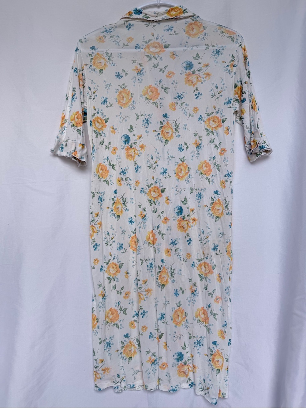 VINTAGE Floral Button-Front Housecoat Robe - Yellow Blue Roses Duster - Picture 3 of 6